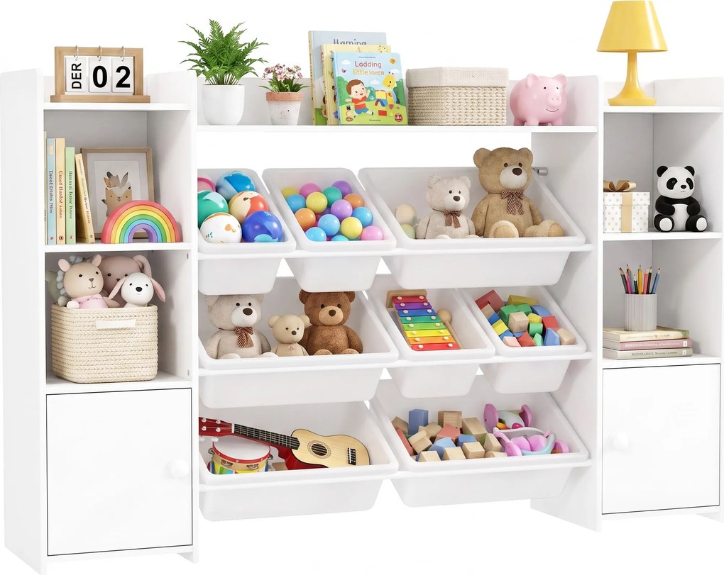 AIYAPLAY Dulap pentru jucării pentru copii cu 8 recipiente detașabile și dulapuri, 140x30x90 cm, alb | Aosom Romania