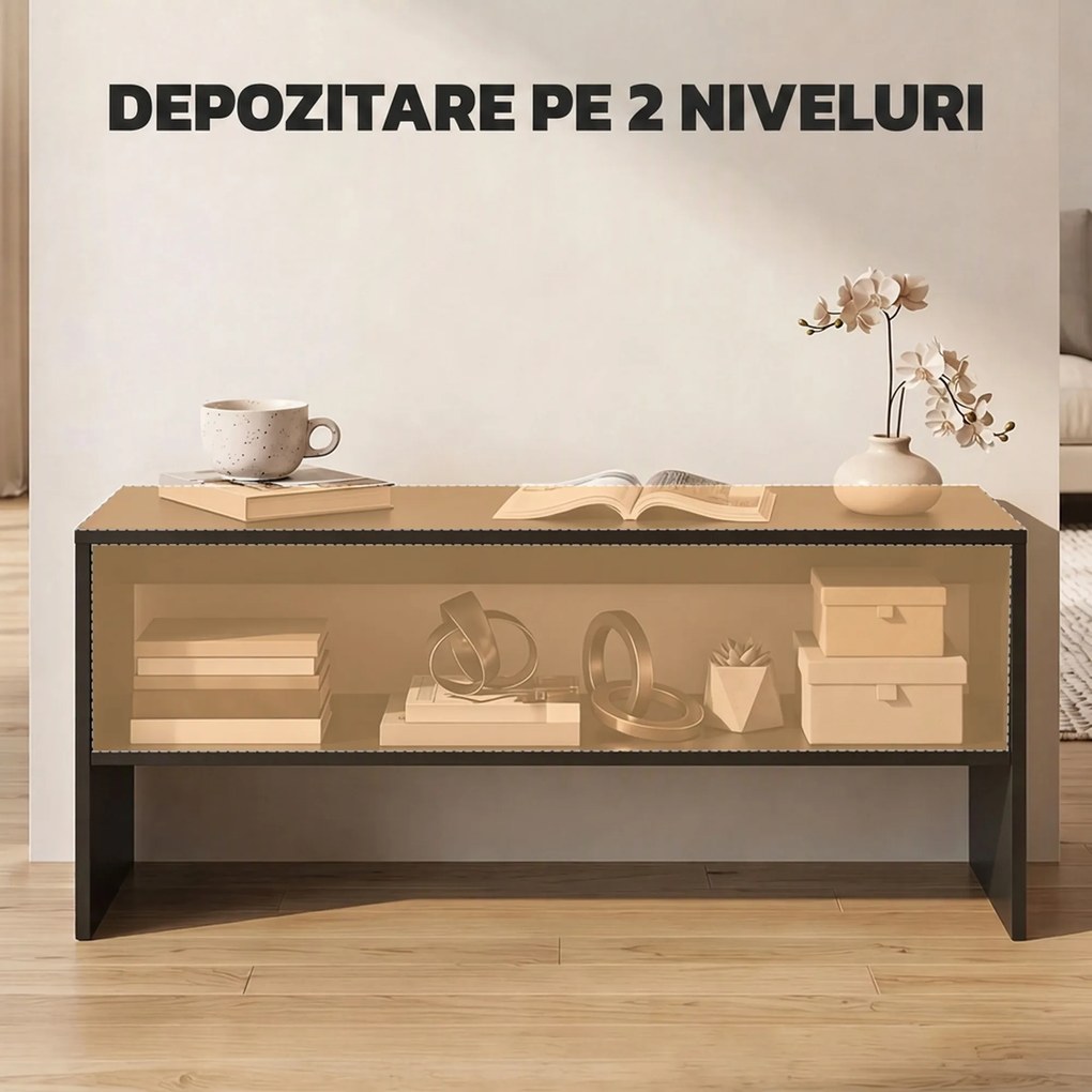 HOMCOM Măsuță de Cafea Modernă cu 2 Niveluri, Raft Deschis, PAL, Picioare, 100x40x41,5 cm, Negru | Aosom Romania