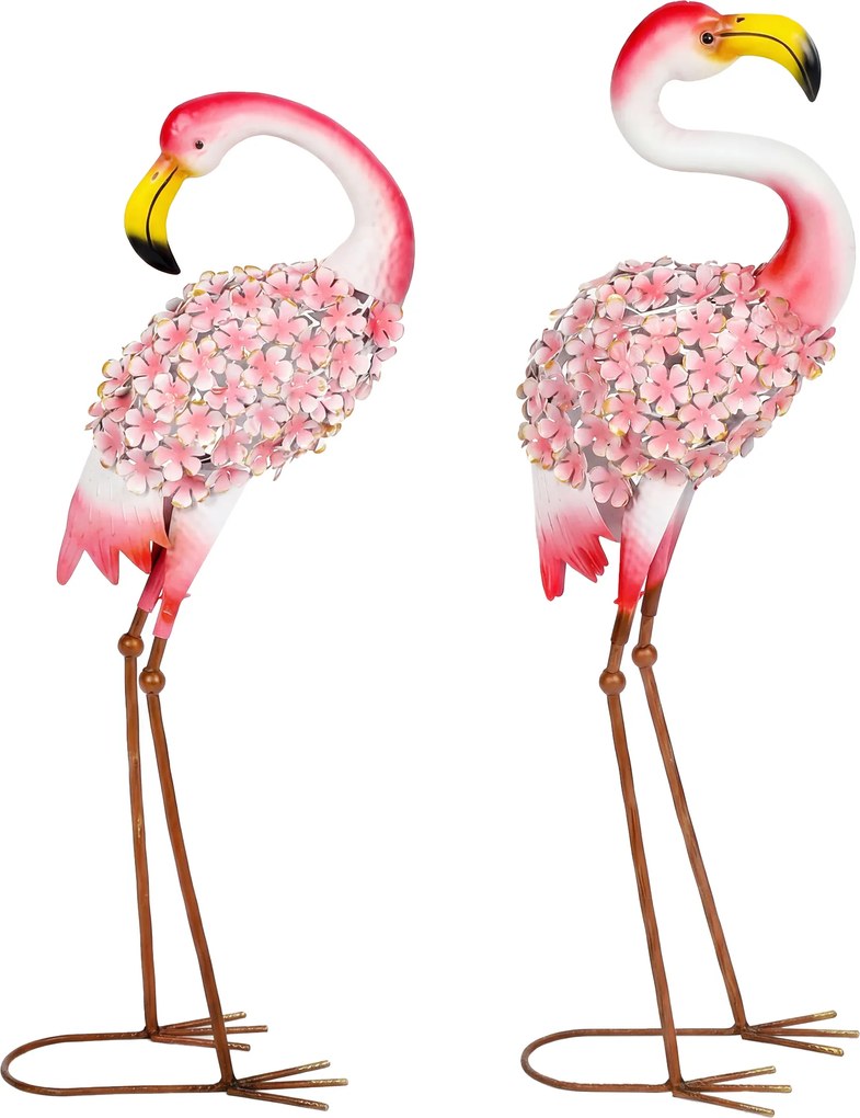 Outsunny Set 2 statuete Flamingo pentru grădină, păsări metalice cu pene florale, sculpturi cu țăruși de ancorare, Roșu | Aosom Romania
