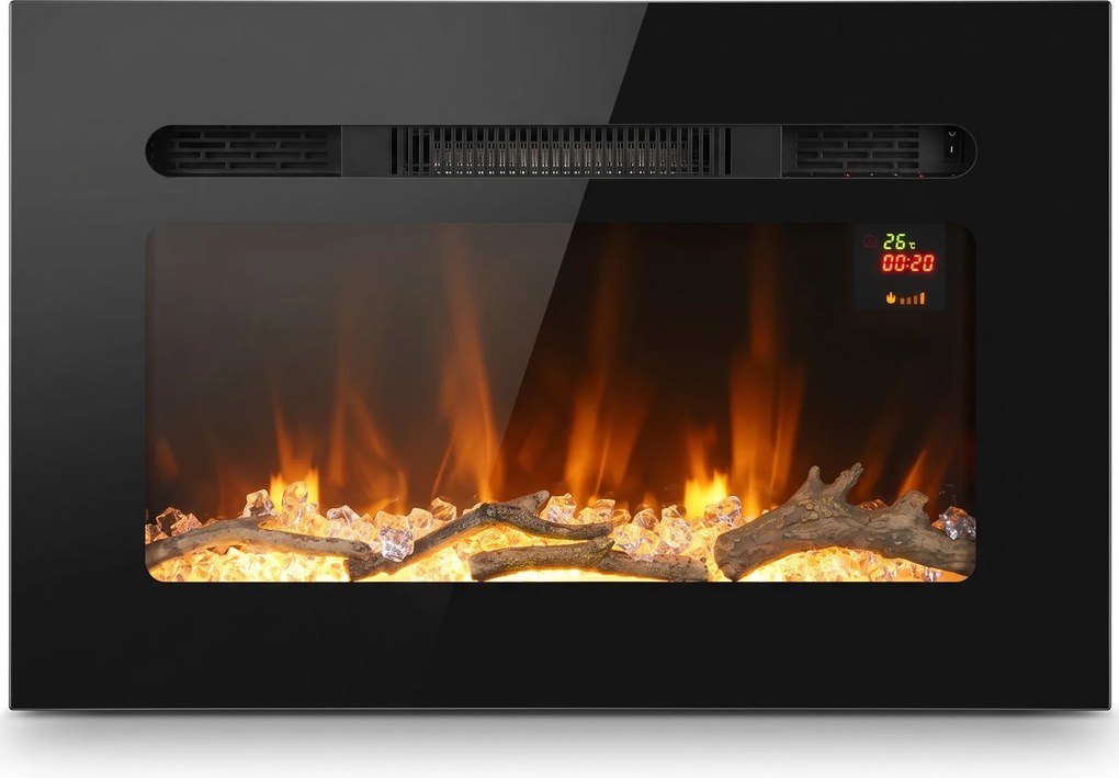 HOMCOM Șemineu Electric de 60 cm, Încastrat sau de Perete, 1800 W, Temporizator 24 de Ore, Flacără Reglabilă, Cristale | Aosom Romania