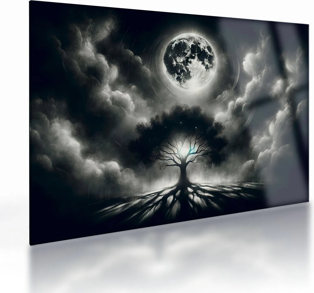 Tablou pe sticlă – Arbore alb-negru în lună plină (70x50 cm)