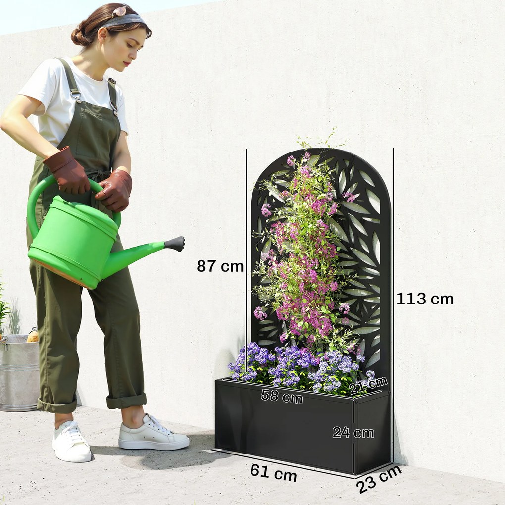 Outsunny Jardiniere Ridicată pentru Grădină și Balcon cu Spalier Arcuit Decorat cu Frunze, pentru Flori și Legume, Montare pe Perete sau Utilizare Independentă, Negru | Aosom Romania
