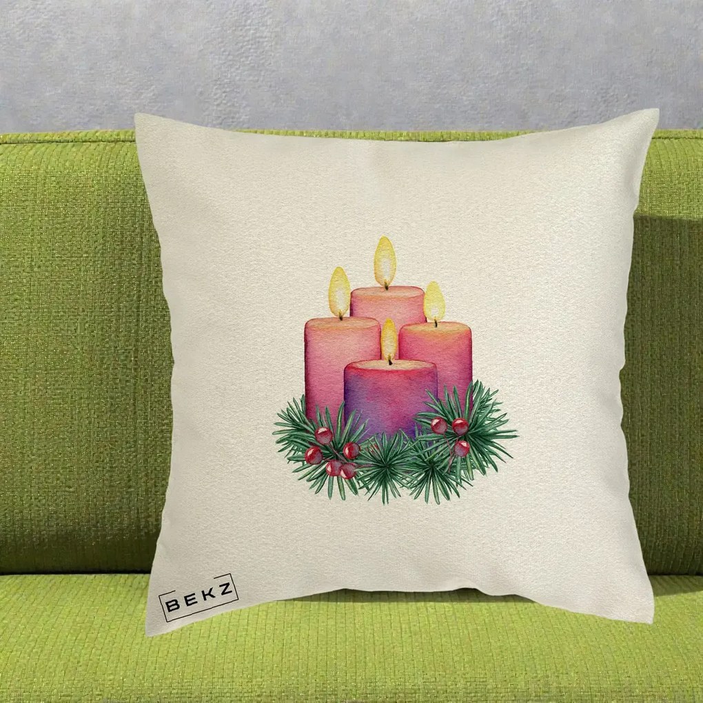 Perna Decorativa Lumanari Advent Roz-Violet, 40x40 cm, Ecru, Husa Detasabila, Perna Inclusa, BEKZ®