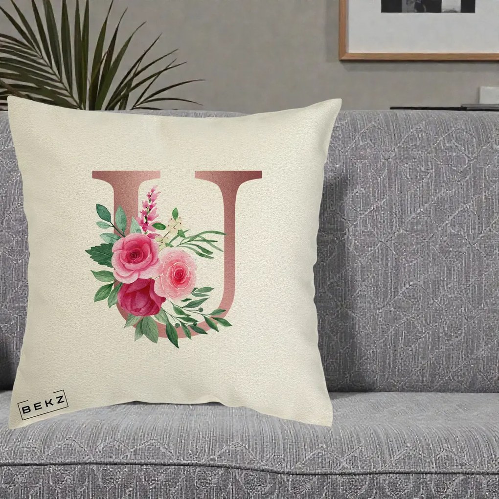 Cadou Personalizat - Perna Personalizata Monograma Rose Gold Litera U, 40x40 cm, Ecru, Husa Detasabila, Perna Inclusa, BEKZ®