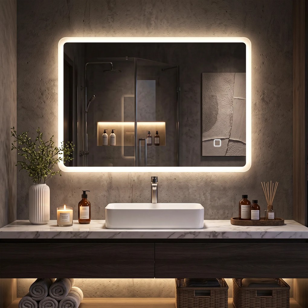 HOMCOM Oglindă de Baie cu LED 50 x 70 cm, Dimabilă, Antiaburire, Touch, Memorie | Aosom Romania