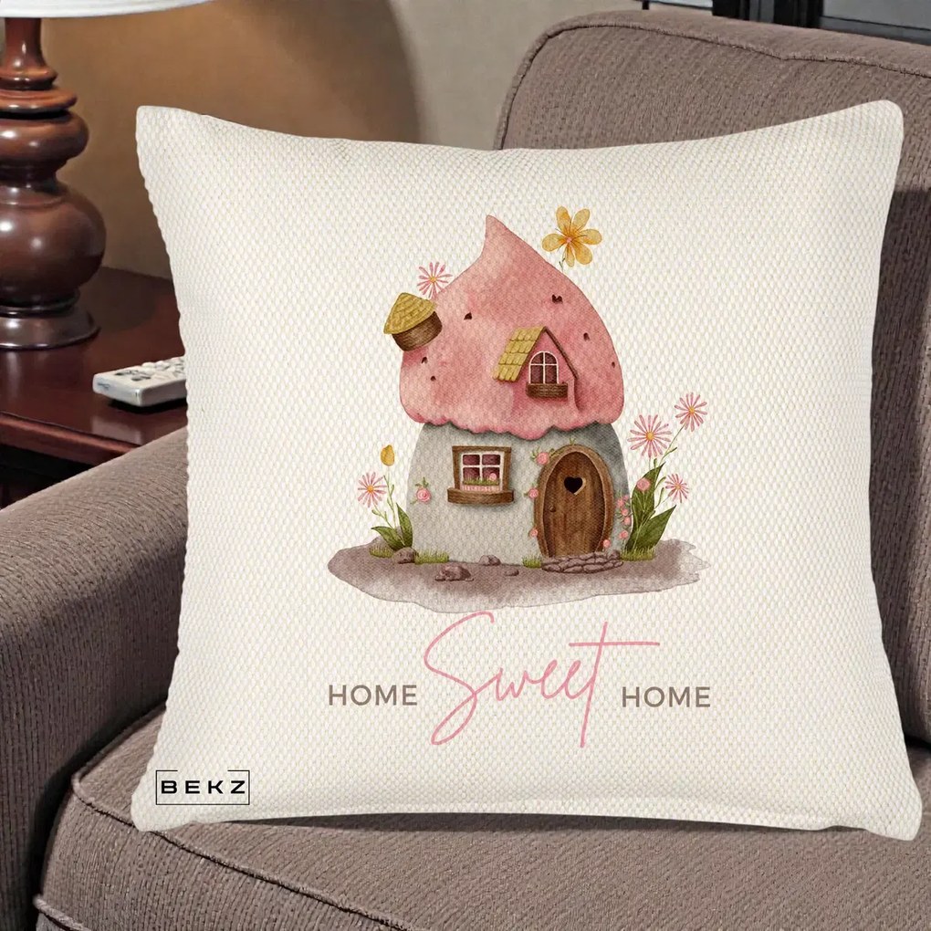 Perna Decorativa Home Sweet Home Casuta, 40x40 cm, Crem Reliefat, Husa Detasabila, Perna Inclusa, BEKZ®