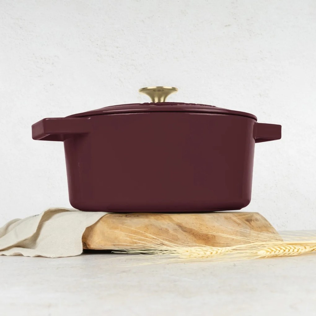 Oală din fontă emailată 4,35L cu capac, 24 cm – Berlinger Haus BH 6542 Leonardo, visiniu, ideală pentru pâine, friptură, cuptor și aragaz