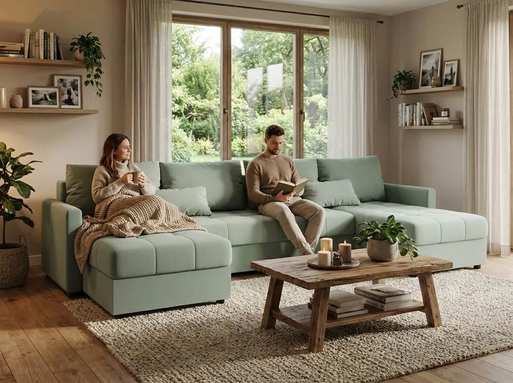 OFERTA Coltar extensibil in forma de U VENORIA 285x146 cm, verde deschis + 2 pernute GRATUITE Calitate II