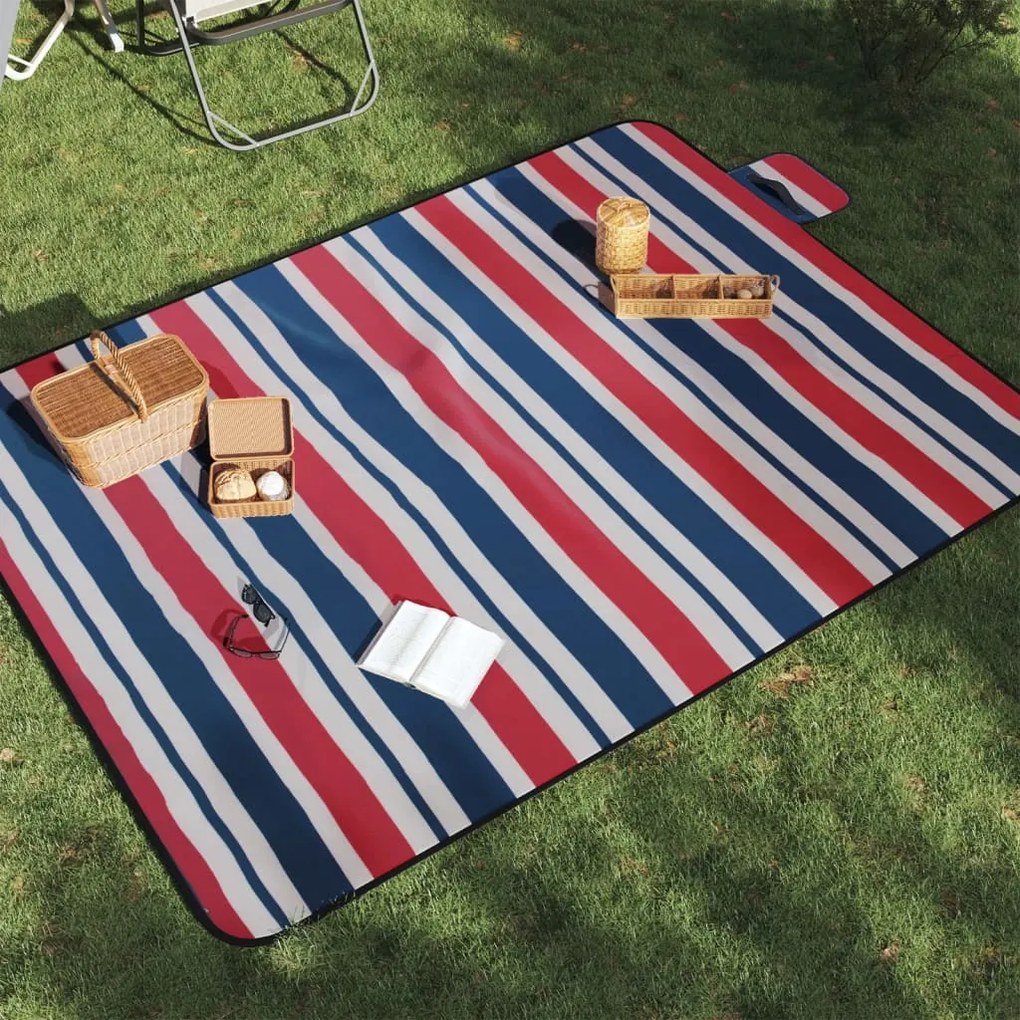Patura picnic pliabila, dungi rosu albastre, 200x150 cm catifea