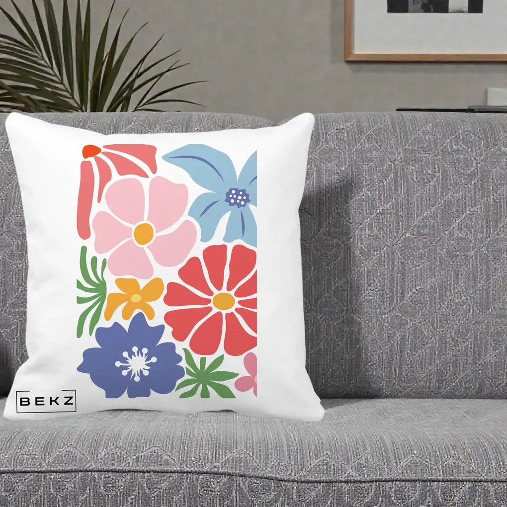 Perna Decorativa Flori Grafice Roz-Rosu-Albastru, 40x40 cm, Alba Mata, Husa Detasabila, Perna Inclusa, BEKZ®