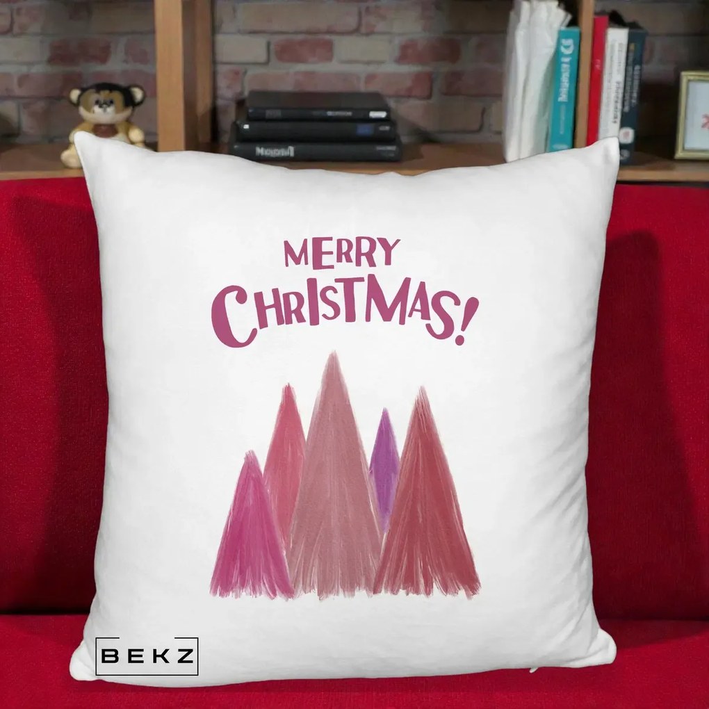 Perna Decorativa Merry Christmas Brazi Roz, 40x40 cm, Alb Pufos, Husa Detasabila, Perna Inclusa, BEKZ®
