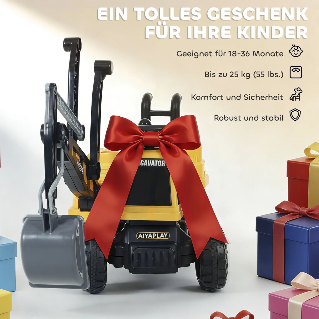 AIYAPLAY Excavator pentru șezut cu lopată și volan, caroserie rotativă, spătar reglabil pentru copii 1,5-3 ani, Galben | Aosom Romania