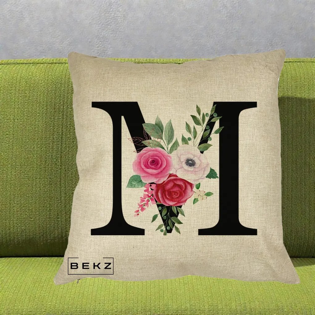 Cadou Personalizat - Perna Personalizata Monograma Florala Litera M cu Trandafiri si Anemona, 40x40 cm, Crem, Husa Detasabila, Perna Inclusa, BEKZ®