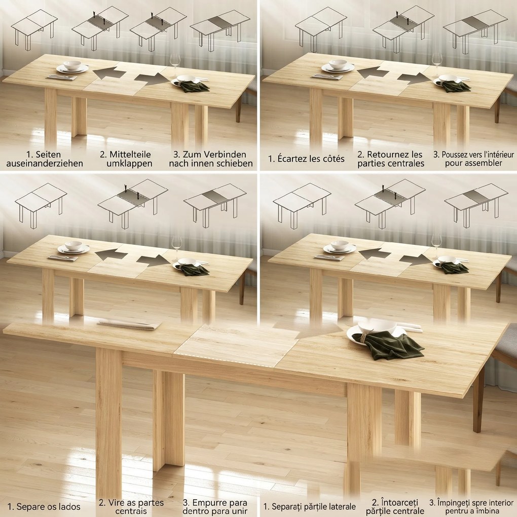 HOMCOM Masa extensibilă, 140-180 cm, finisaj lemn natural, pentru 6-8 persoane | Aosom Romania