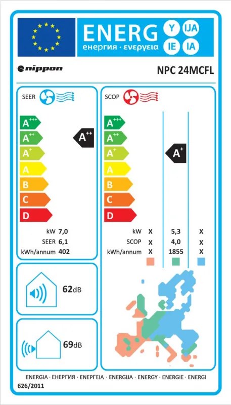 Aparat de aer condiționat de tip coloană Nippon NPC-24MCFL, 24.000 BTU, 45 m², A++/A+, R-32, alb