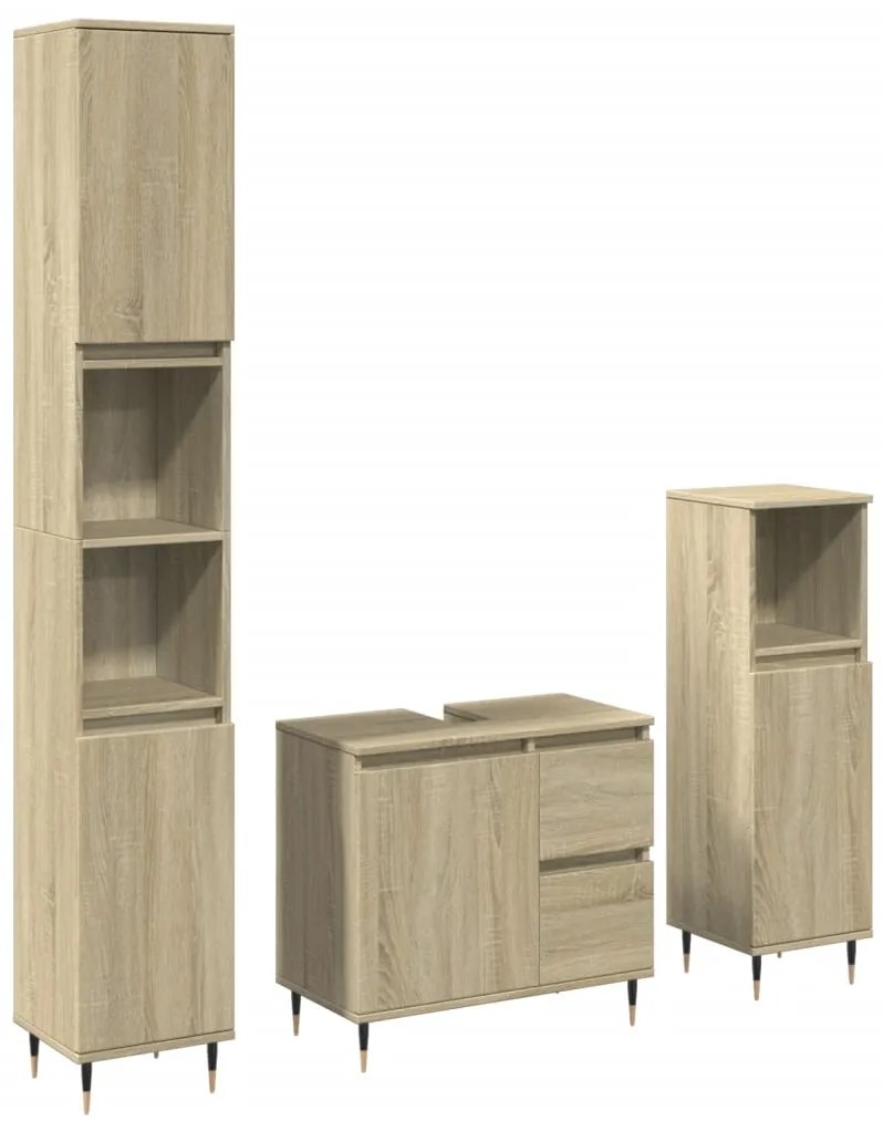 3307676 vidaXL Set mobilier de baie, 3 piese, stejar sonoma, lemn prelucrat