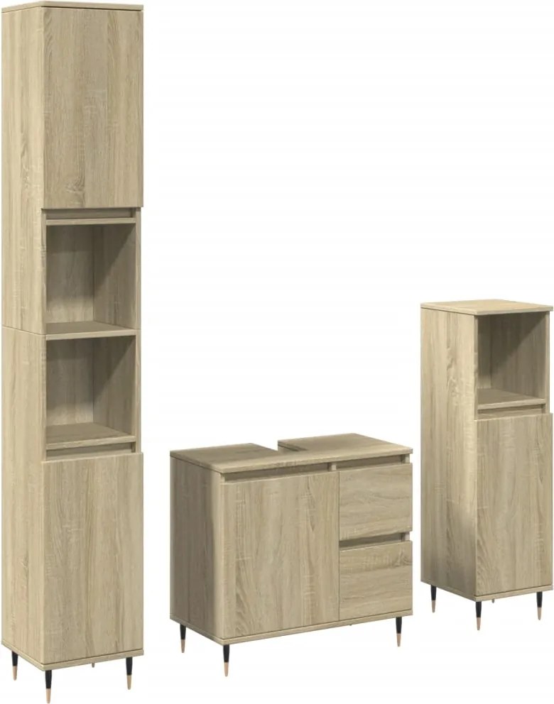 vidaXL Set mobilier de baie, 3 piese, stejar sonoma, lemn prelucrat