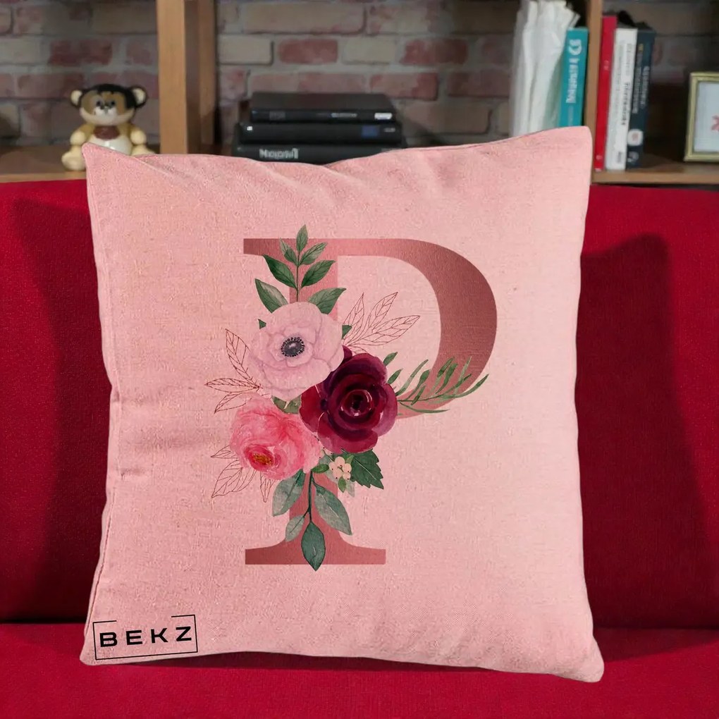 Cadou Personalizat - Perna Personalizata Monograma Rose Gold Litera P, 40x40 cm, Roz, Husa Detasabila, Perna Inclusa, BEKZ®