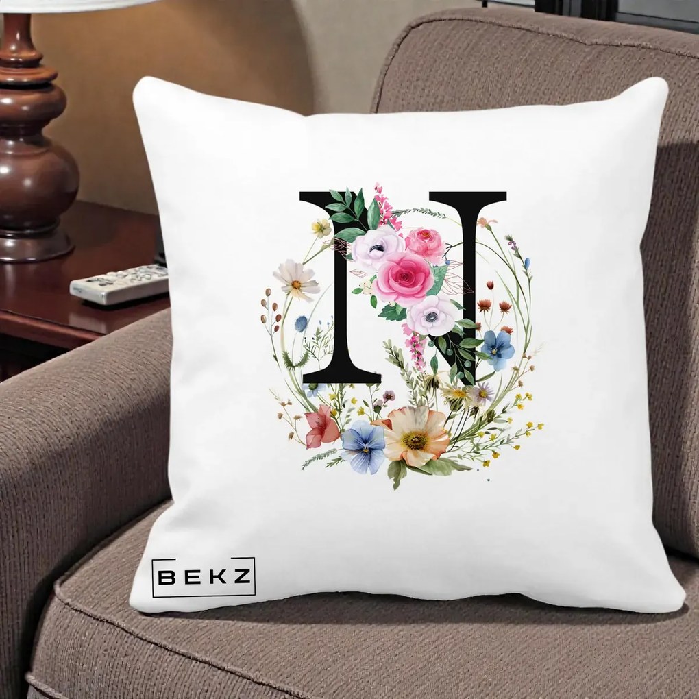 Cadou Personalizat - Perna Personalizata Monogram Litera N cu Flori Acuarela, 40x40 cm, Alba Mata, Husa Detasabila, Perna Inclusa, BEKZ®