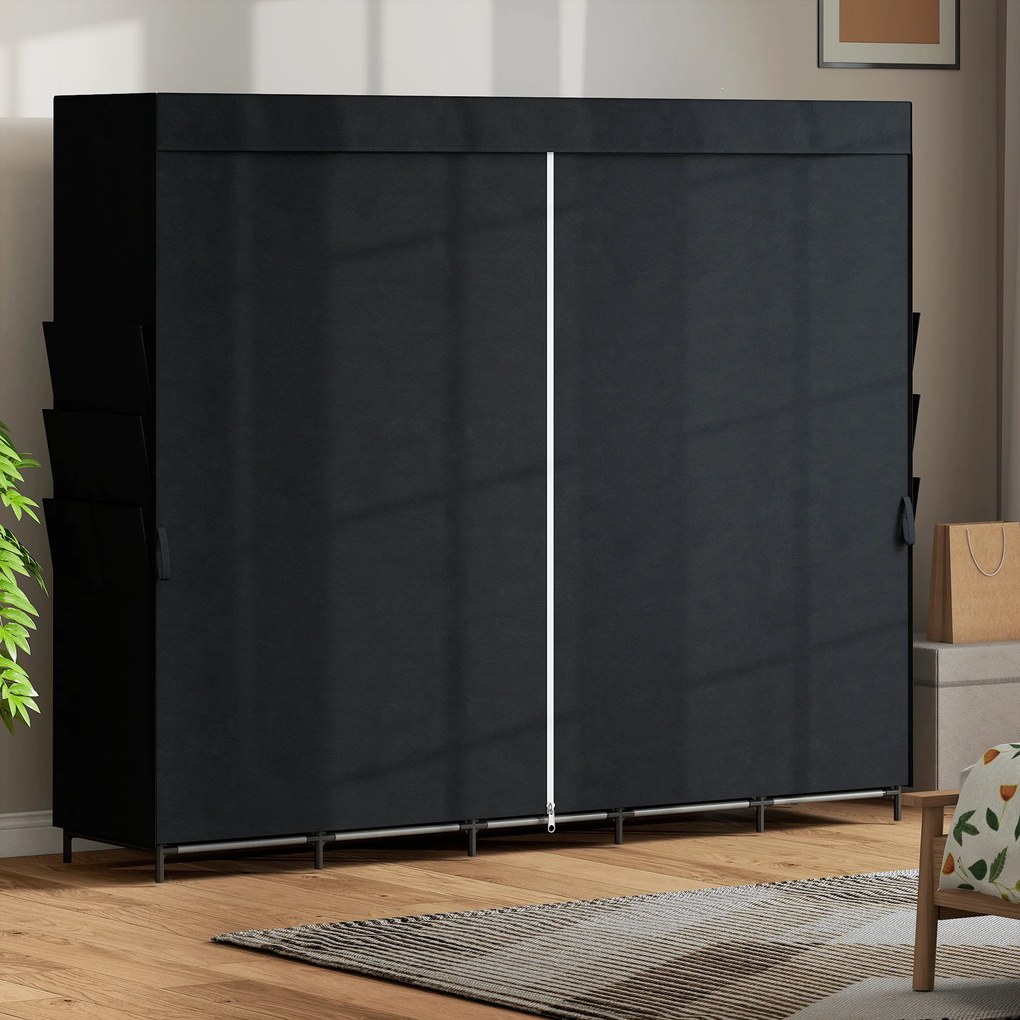 HOMCOM Dulap Textil Compact cu 5 Bare, 5 Rafturi, 6 Buzunare Laterale, Uși Anti-Praf cu Fermoar, Negru | Aosom Romania