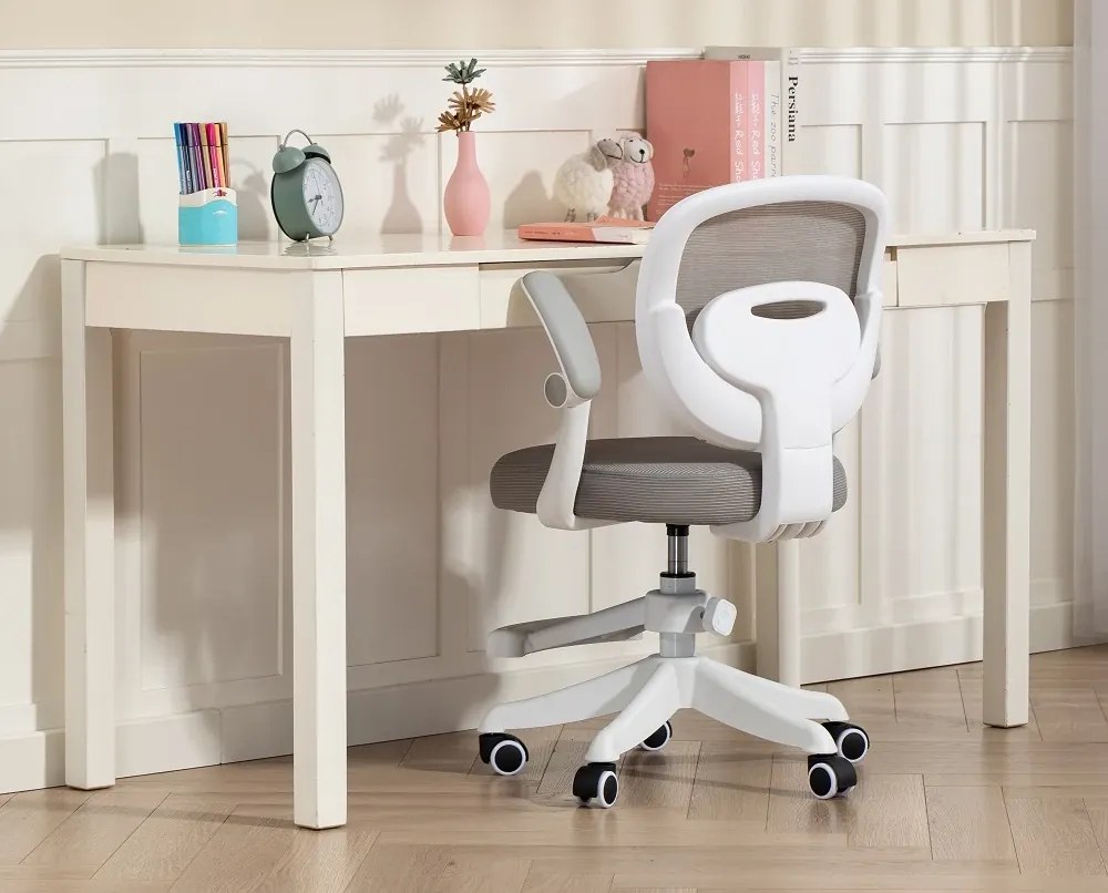 Scaun ergonomic pentru copii, suport lombar, suport picioare reglabil, rotativ, Gri