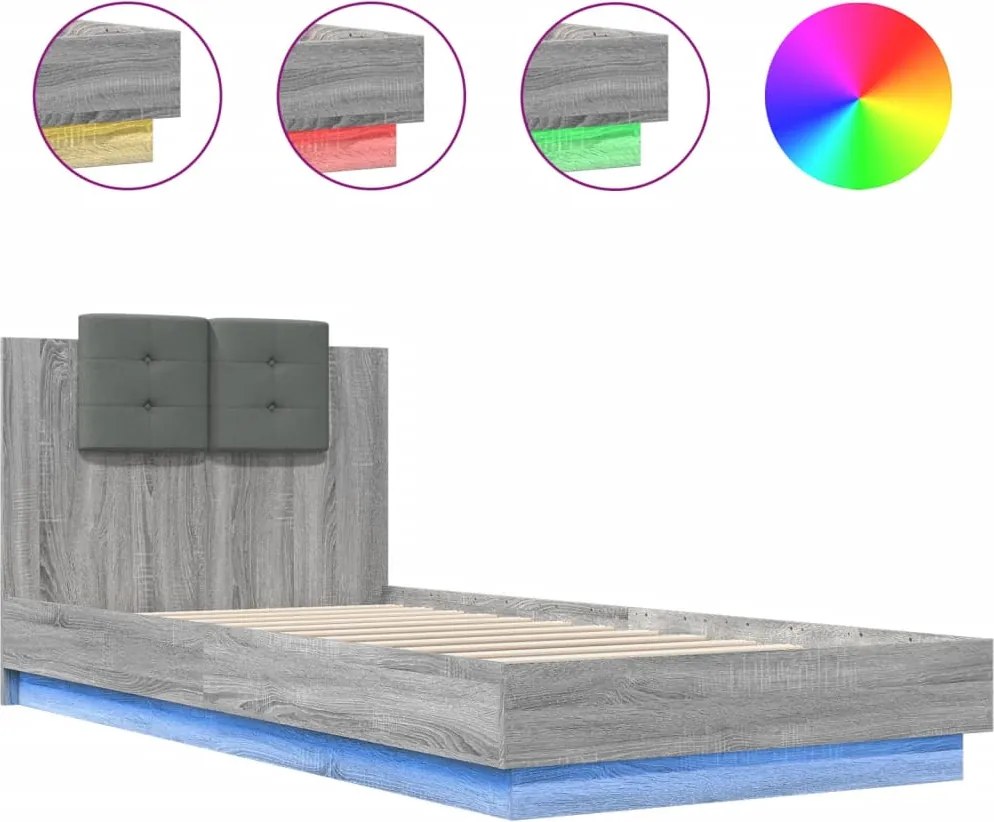 vidaXL Cadru de pat cu tăblie și lumini LED, gri sonoma, 90x200 cm