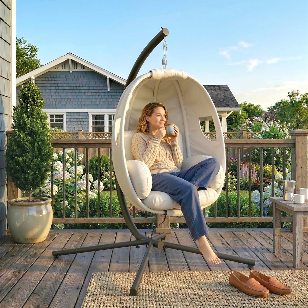 Outsunny Fotoliu suspendat cu cadru, coș pliabil cu pernă groasă, înălțime reglabilă, centură de siguranță până la 120 kg | Aosom Romania