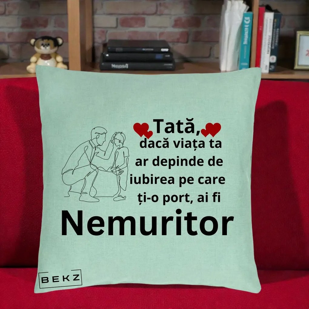 Cadou pentru Tata - Perna Personalizata Tata Nemuritor Baietel, 40x40 cm, Verde Menta, Husa Detasabila, Perna Inclusa, BEKZ®