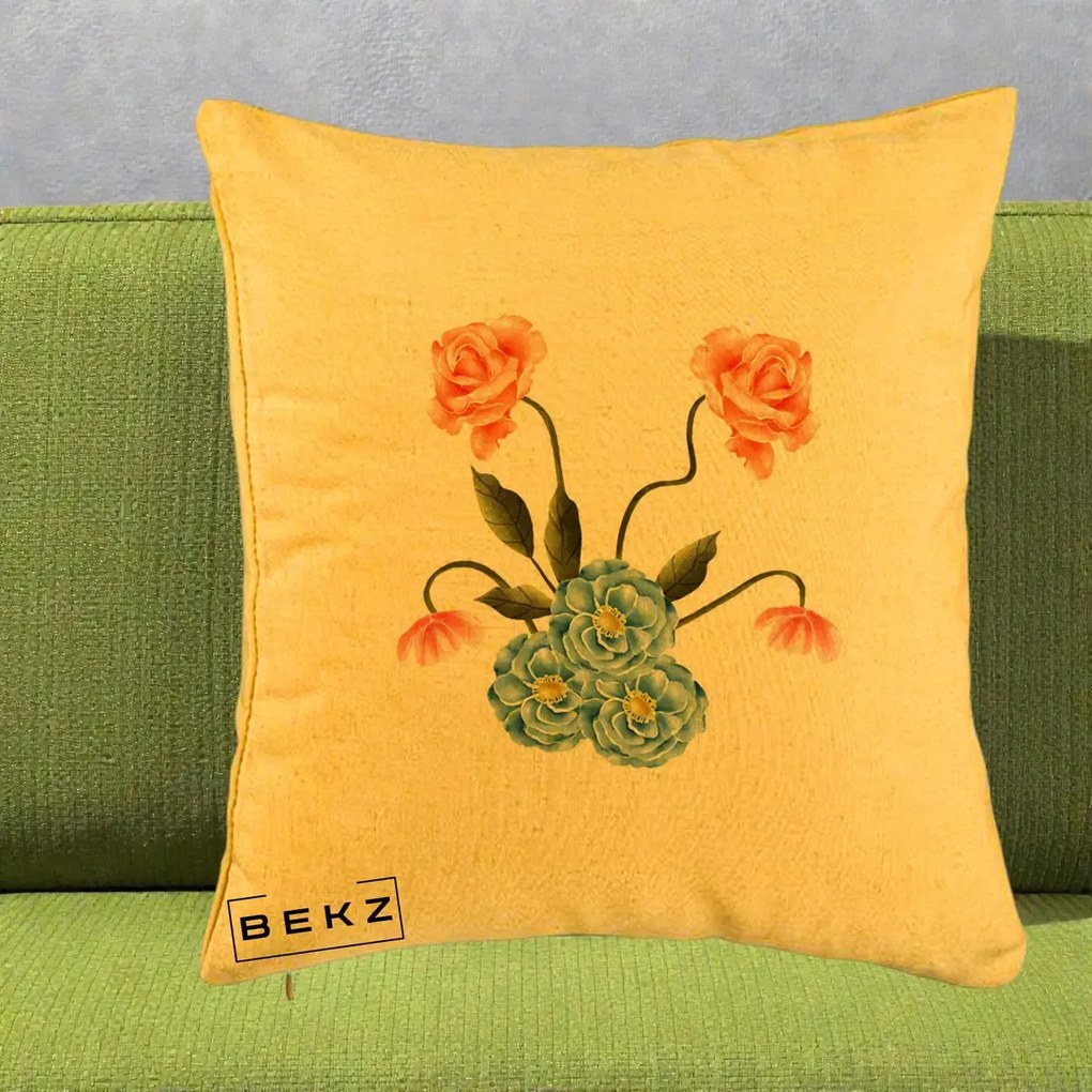 Perna Decorativa Trandafiri si Bujori Acuarela, 40x40 cm, Galben, Husa Detasabila, Perna Inclusa, BEKZ®