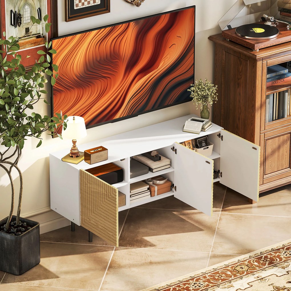 HOMCOM Mobila TV pentru de până la 65 de inch cu dulapuri cu ușă canelată și trecere cabluri pentru sufragerie, dormitor, efect lemn natural | Aosom Romania