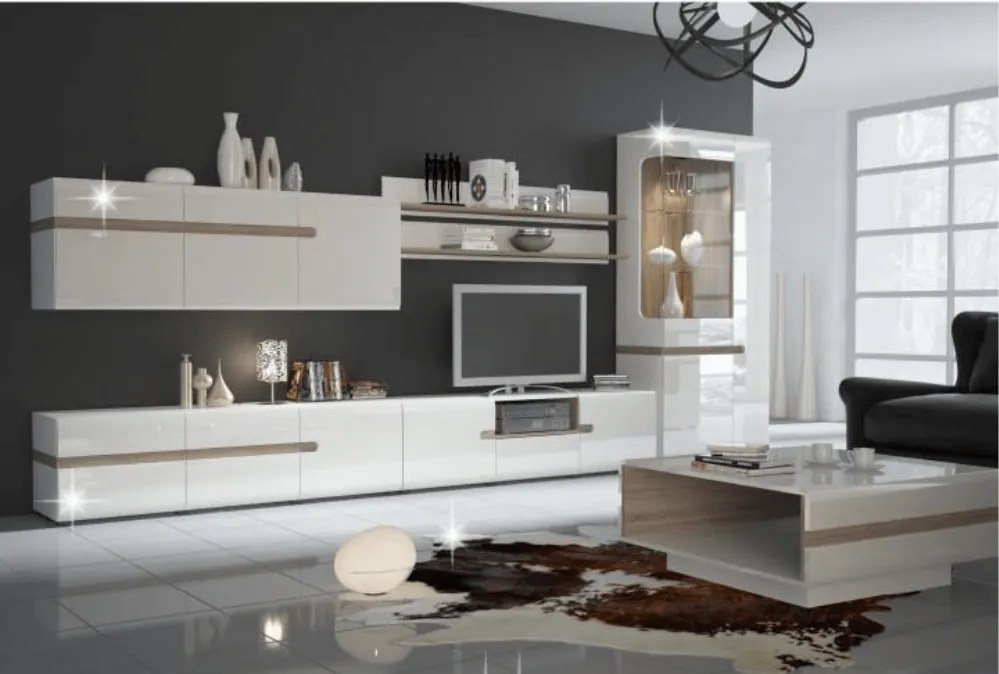 Comodă, albă strălucitoare HG/stejar sonoma închis, LYNATET TYP 42