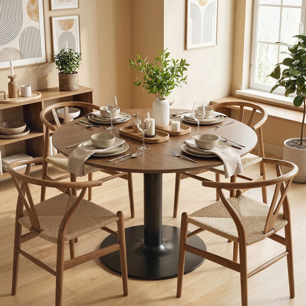 HOMCOM Masă rotundă de dining pentru 6 persoane, Ø110x78 cm, cu bază din oțel, maro cu efect de lemn | Aosom Romania