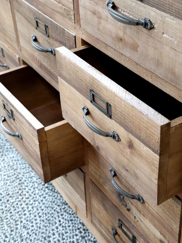 Consola din lemn masiv, cu sertare si roti, aspect rustic
