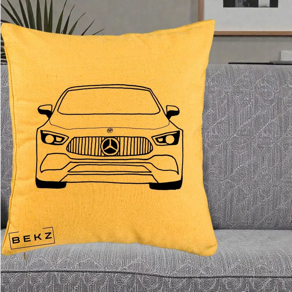 Perna Personalizata Mercedes-Benz Fata Linie, 40x40 cm, Galben, Husa Detasabila, Perna Inclusa, BEKZ®