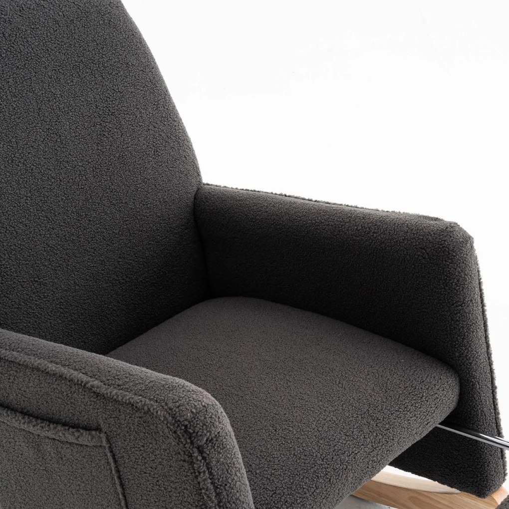 Scaun balansoar cu taburet, fotoliu de relaxare cu spătar înalt, material Teddy, 67x96-127x96 cm, Gri închis