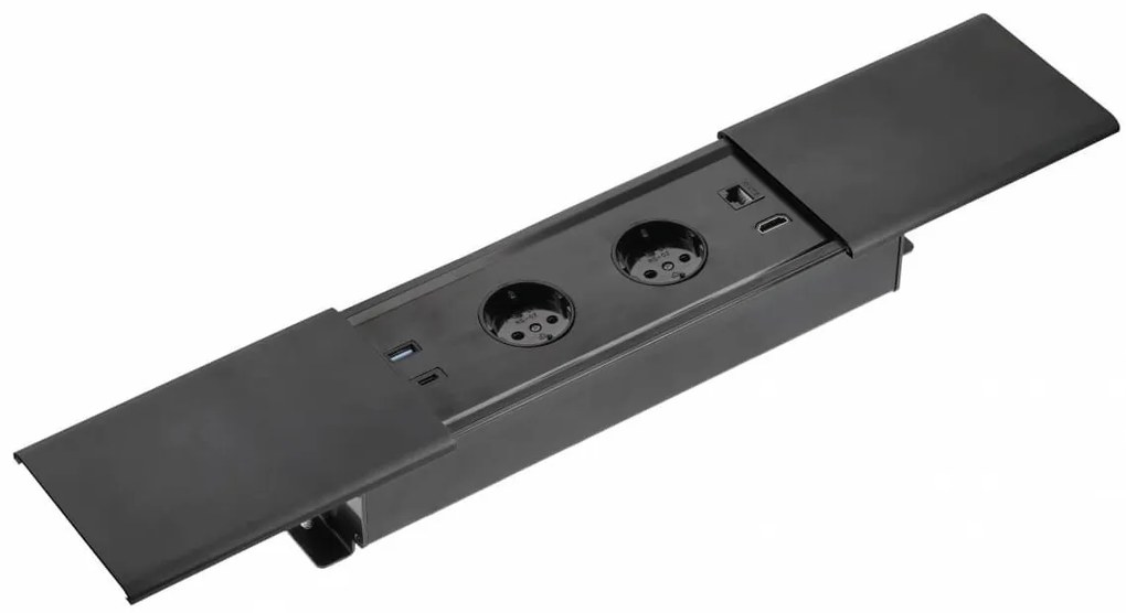 Priza incorporabila dreptunghiulara, 2 prize schuko, USB A+C, priza RJ45 cat 6, HDMI, cablu 1.5 m, capac magnetic, neagra, GTV