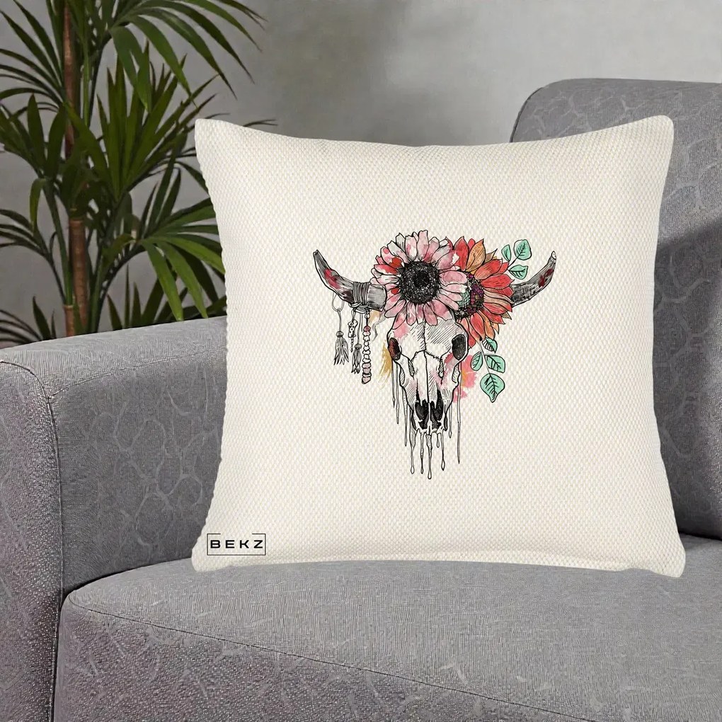 Perna Decorativa Craniu Boho Floral, 40x40 cm, Crem Reliefat, Husa Detasabila, Perna Inclusa, BEKZ®