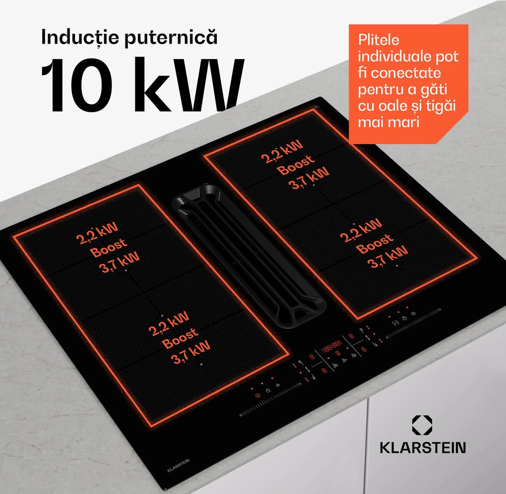 Klarstein Sistem AirJet FlexPro Down Air, plită cu inducție + hotă, zonă flexibilă, funcție Booster