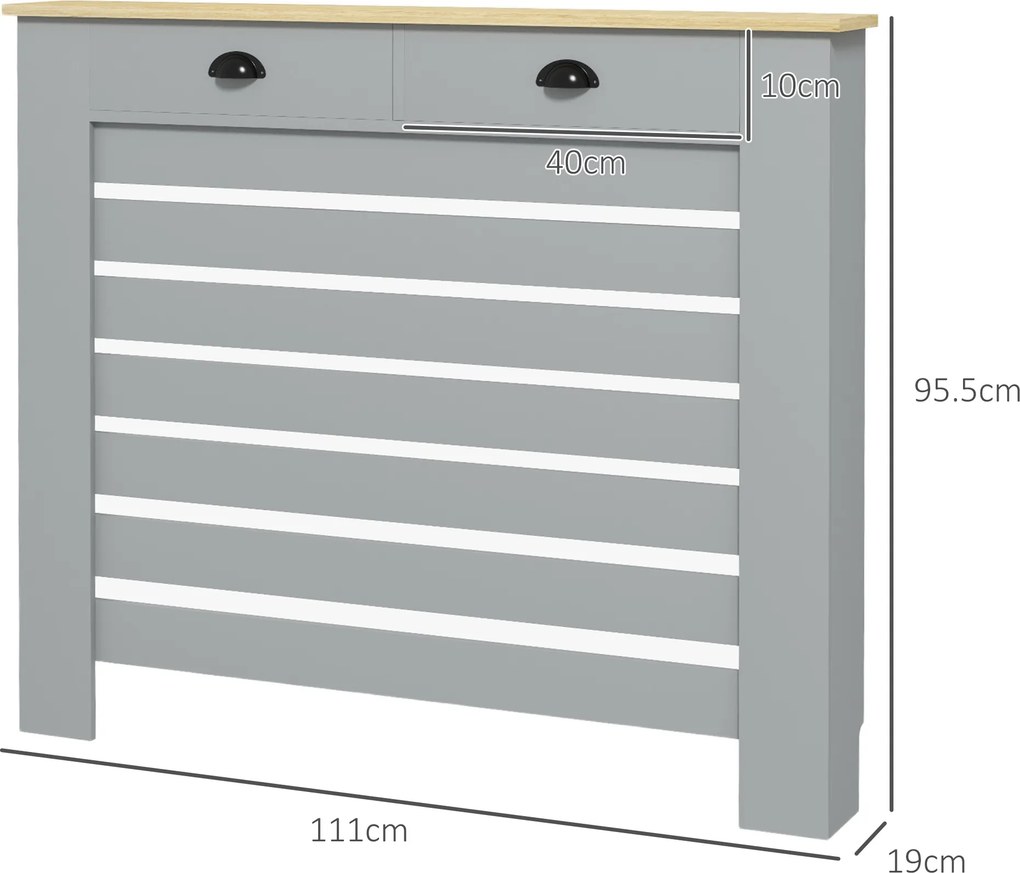 HOMCOM Acoperiș pentru calorifer din MDF cu doghe, cu 2 sertare, 111x19x95.5 cm, Gri | Aosom Romania