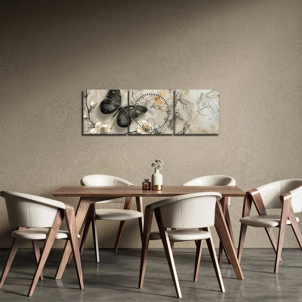 Tablou - Marmură de fundal cu fluturi (cu ceas) (90x30 cm)