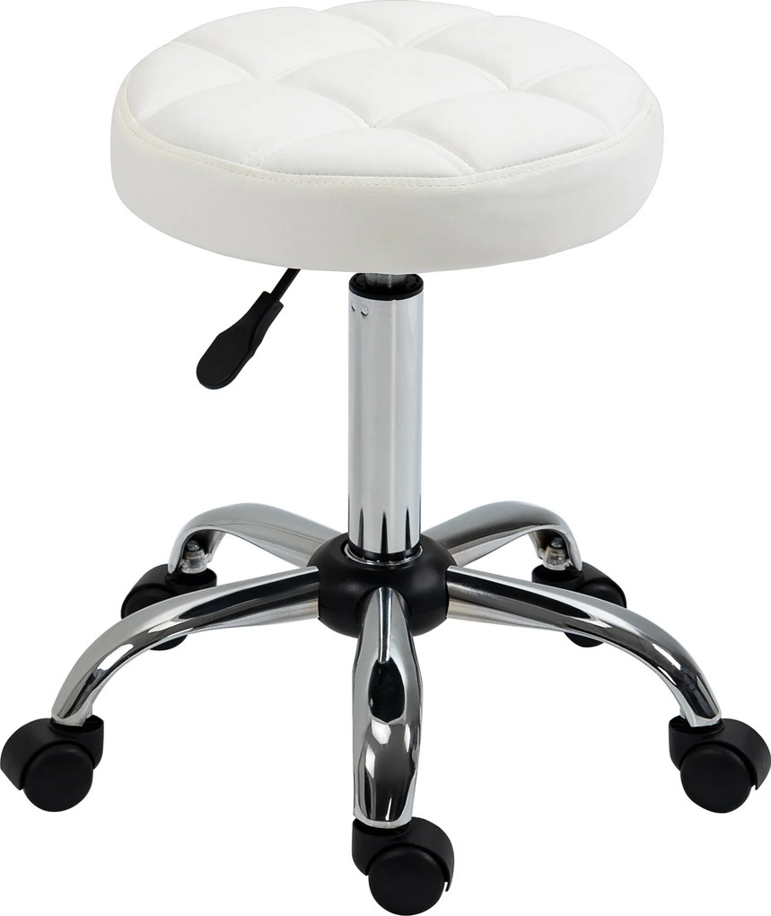HOMCOM Scaun Rotativ cu Roti, Rotund, Scaun pentru Coafor și Estetician cu Înălțime Ajustabilă, Tapițat în Piele Ecologică, Ø35.5x51-67 cm, Alb