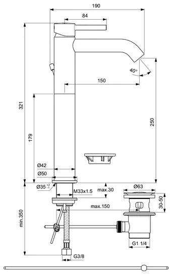 Baterie lavoar inalta Ideal Standard Ceraline cu ventil metalic Pop-Up crom lucios
