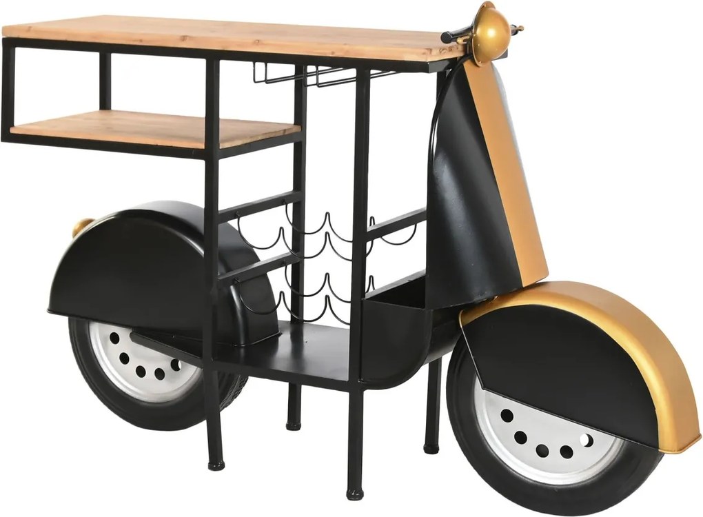 Bar decorativ din metal, negru, formă de scuter cu blat din lemn și suport pentru sticle și pahare, finisaj vopsit, 92 x 134 x 36 cm, „Menton”