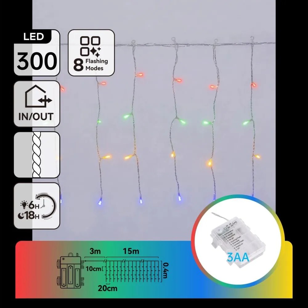 Aigostar - Instalație luminoasă de Crăciun LED pentru exterior 300xLED/8 funcții 3xAA 18x0,4m IP44 multicoloră