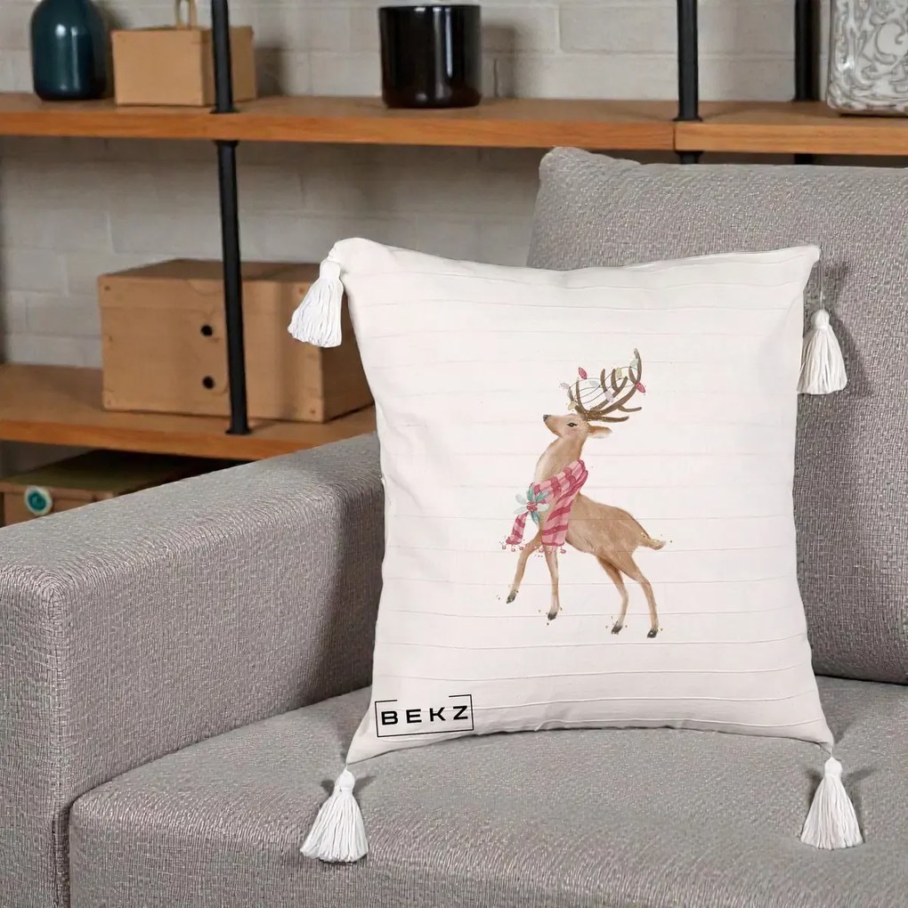 Perna Decorativa Renita cu Fular si Luminite, 40x40 cm, Bej cu Franjuri, Husa Detasabila, Perna Inclusa, BEKZ®