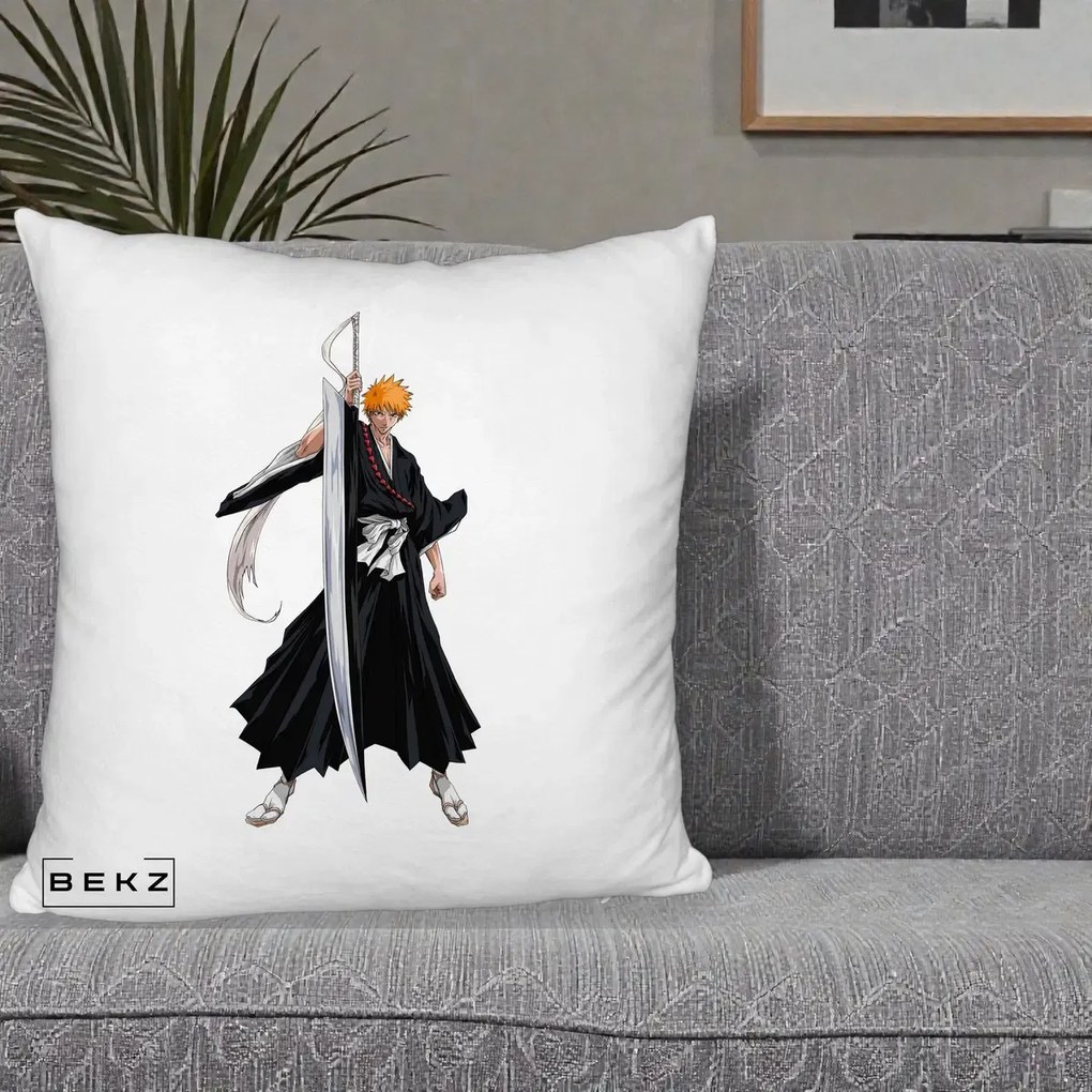 Perna Personalizata Bleach Ichigo Kurosaki Zangetsu, 40x40 cm, Alb Pufos, Husa Detasabila, Perna Inclusa, BEKZ®