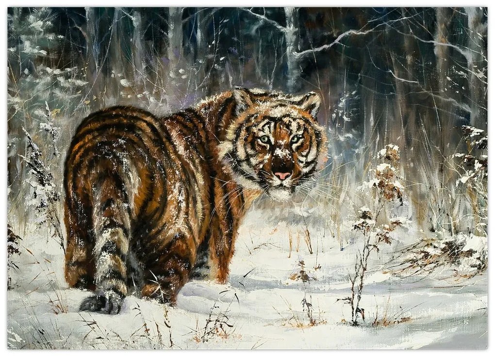 Tablou pe sticlă - Tigru într-o pădure înzăpezită, pictură în ulei (70x50 cm)
