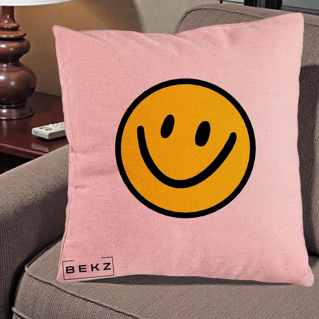 Perna Decorativa Smiley Face Galben Clasic, 40x40 cm, Roz, Husa Detasabila, Perna Inclusa, BEKZ®