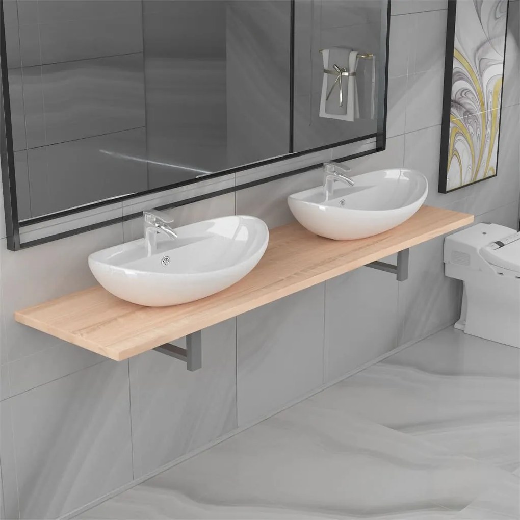 279388 vidaXL Set mobilier de baie din trei piese, stejar, ceramică
