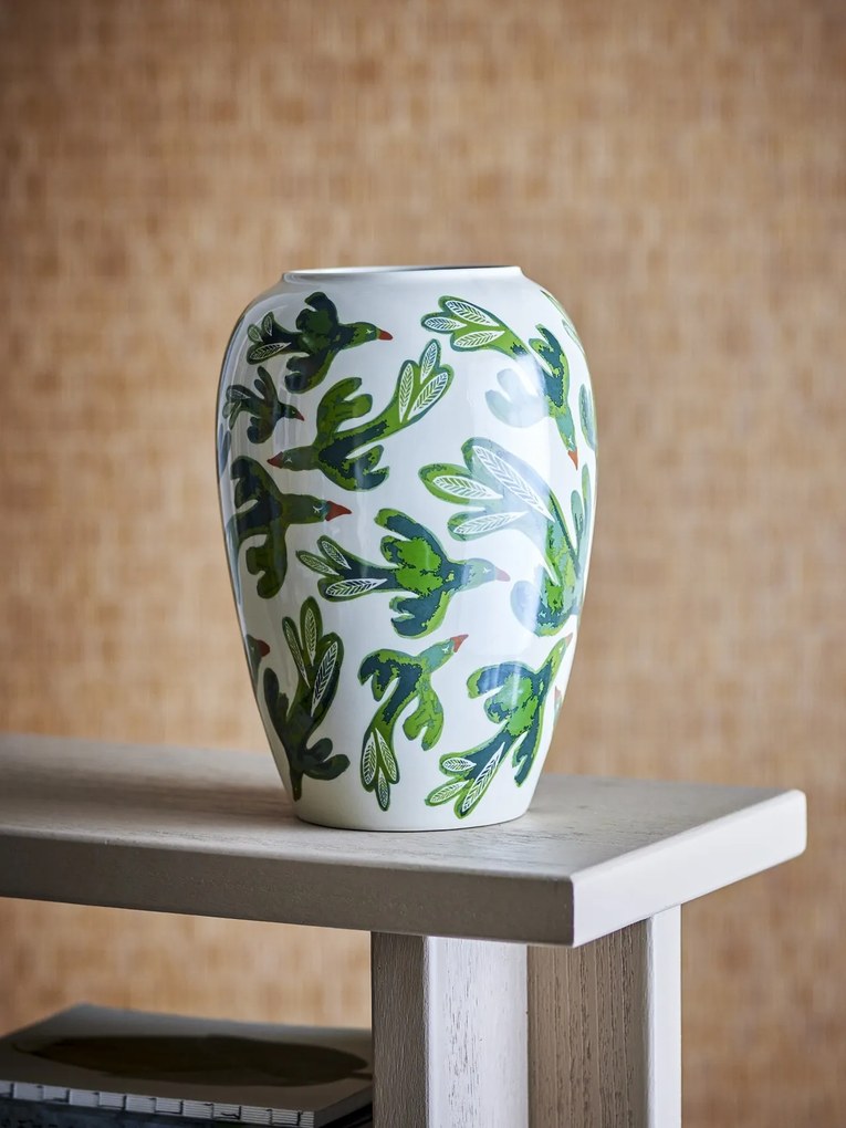 Vază din ceramică artizanală, bej cu motive de păsări pictate manual în verde, 21,5×33 cm, „Birdliva"